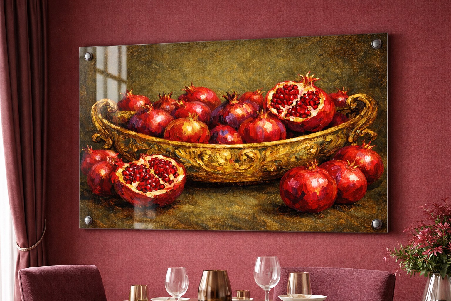 שפע רימונים בקערת זהב - תמונת זכוכית לבית קלאסי מיהלום לבית